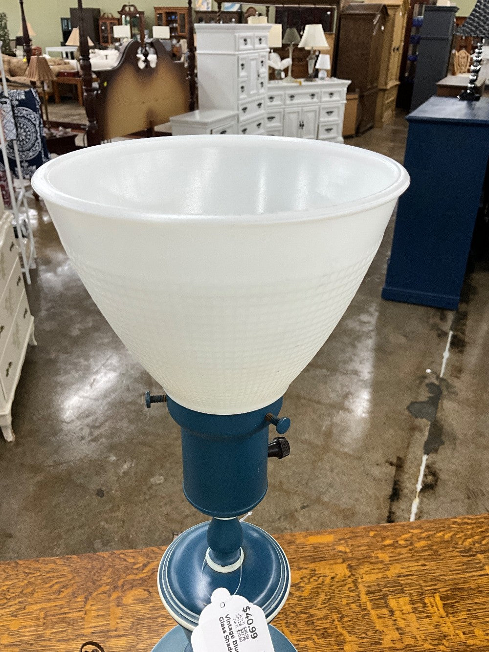 Vintage Blue Lamp with Milk Glass Shade