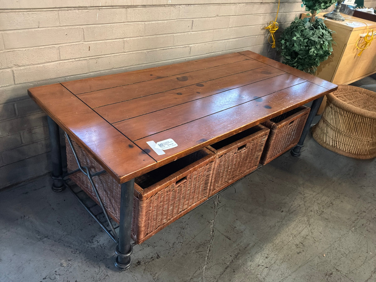 Wood/Metal Coffee Table w/ 3 Baskets
