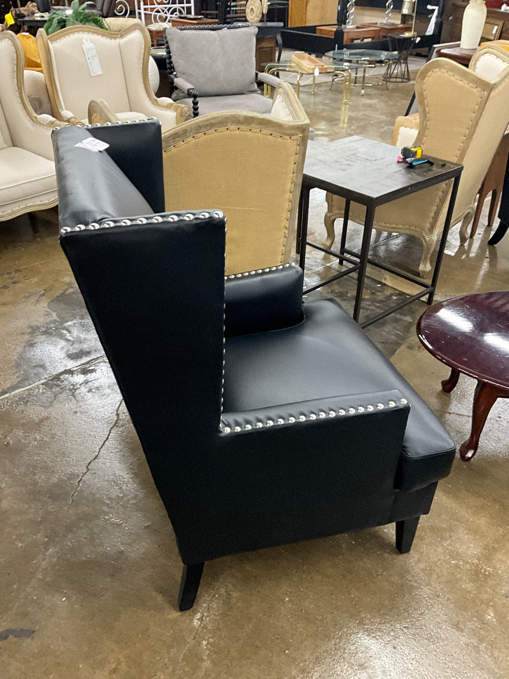 Black Vinyl Studded WIng Back Chair
