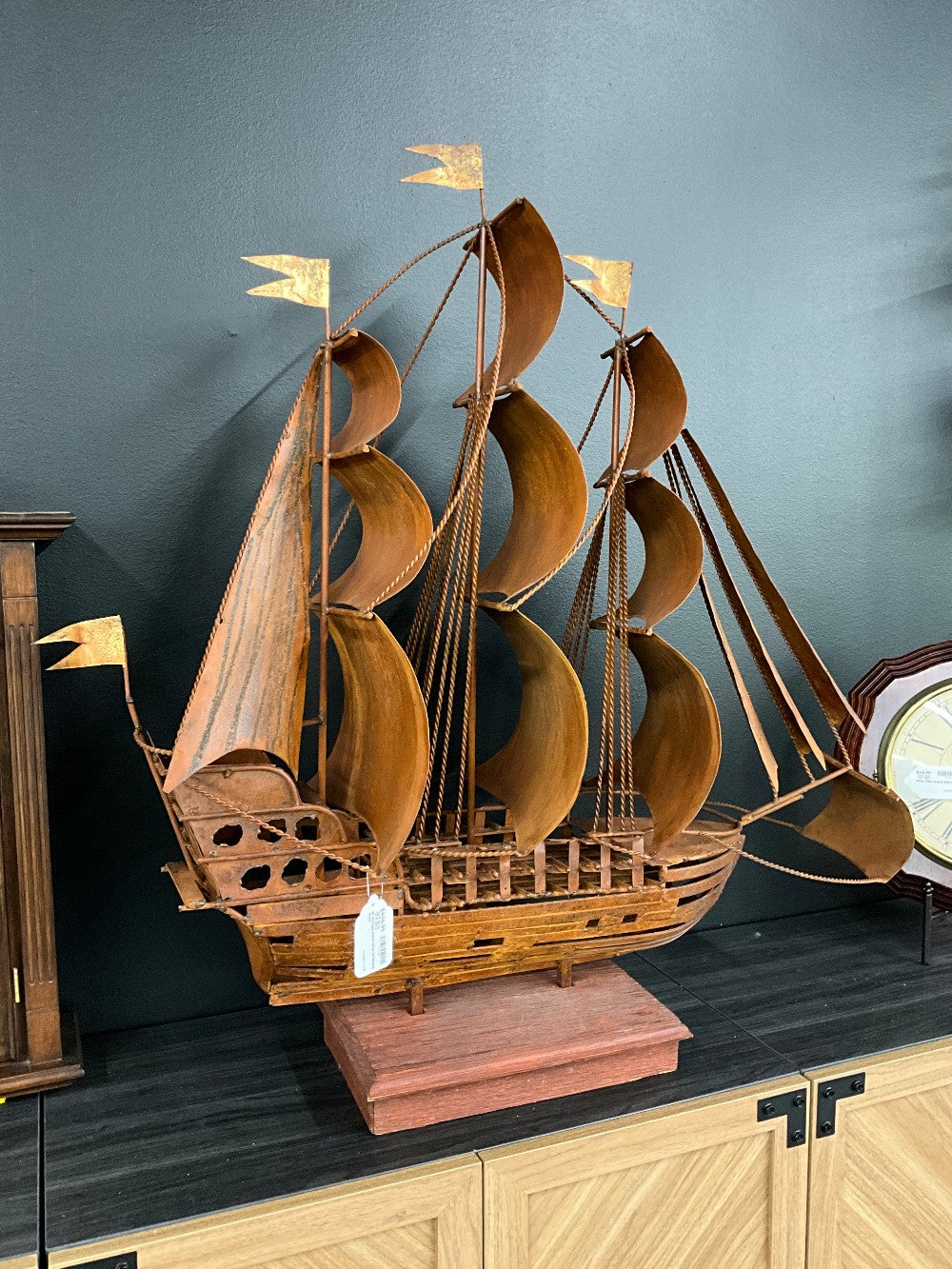 Xl Vintage Metal Ship W/Wood Base