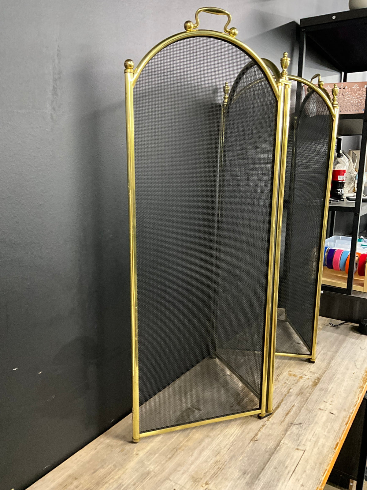Vtg. Brass Fireplace 4 Panel Screen