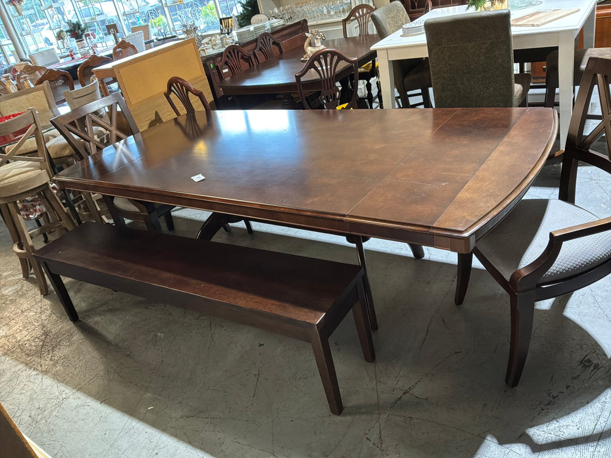 Dark Wood Dining Table W/ Lg Bench 2 Chairs