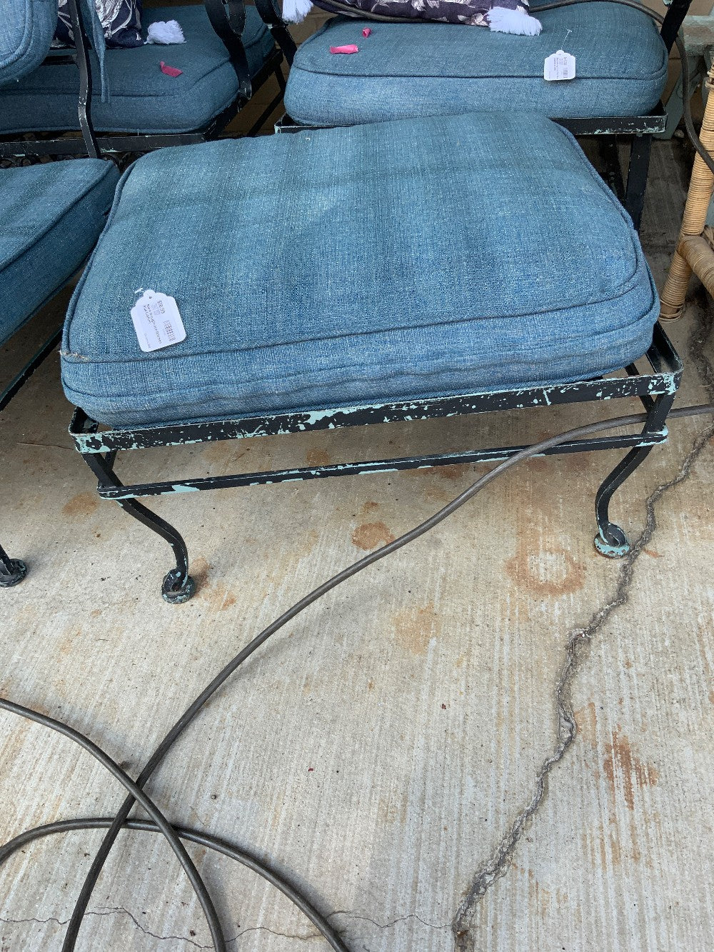 Black Wrought Iron Ottoman Blue Cushion