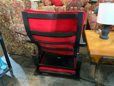 Ikea Dark Wood Chair w/ Red Cushions and Foot Stool
