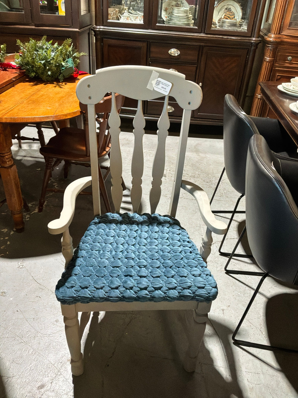 Grey Accent Chair w/ Blue Cushion