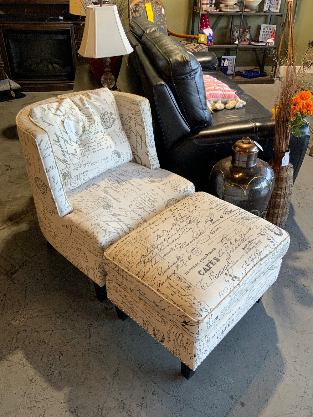 Parish Theme White & Black Chair, Ottoman & Pillow