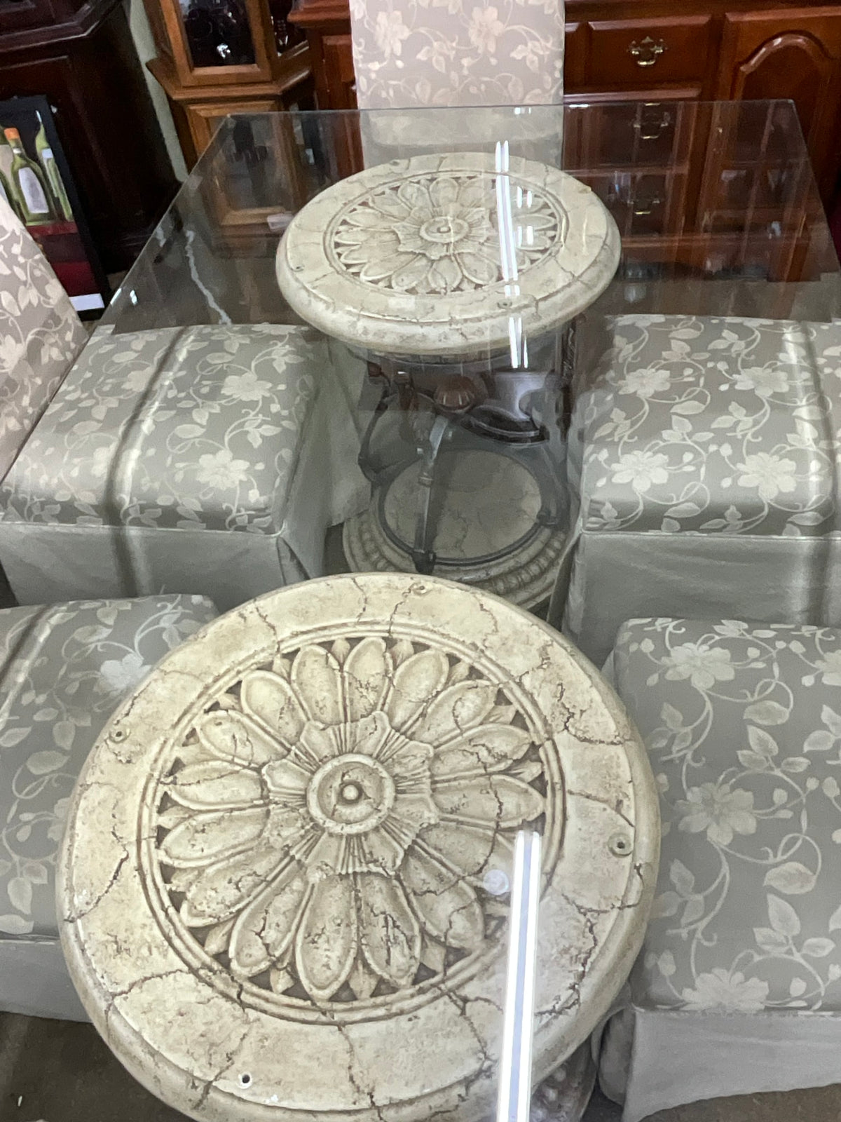 Glass Top Table w/ 2 Bases & 6 Chairs