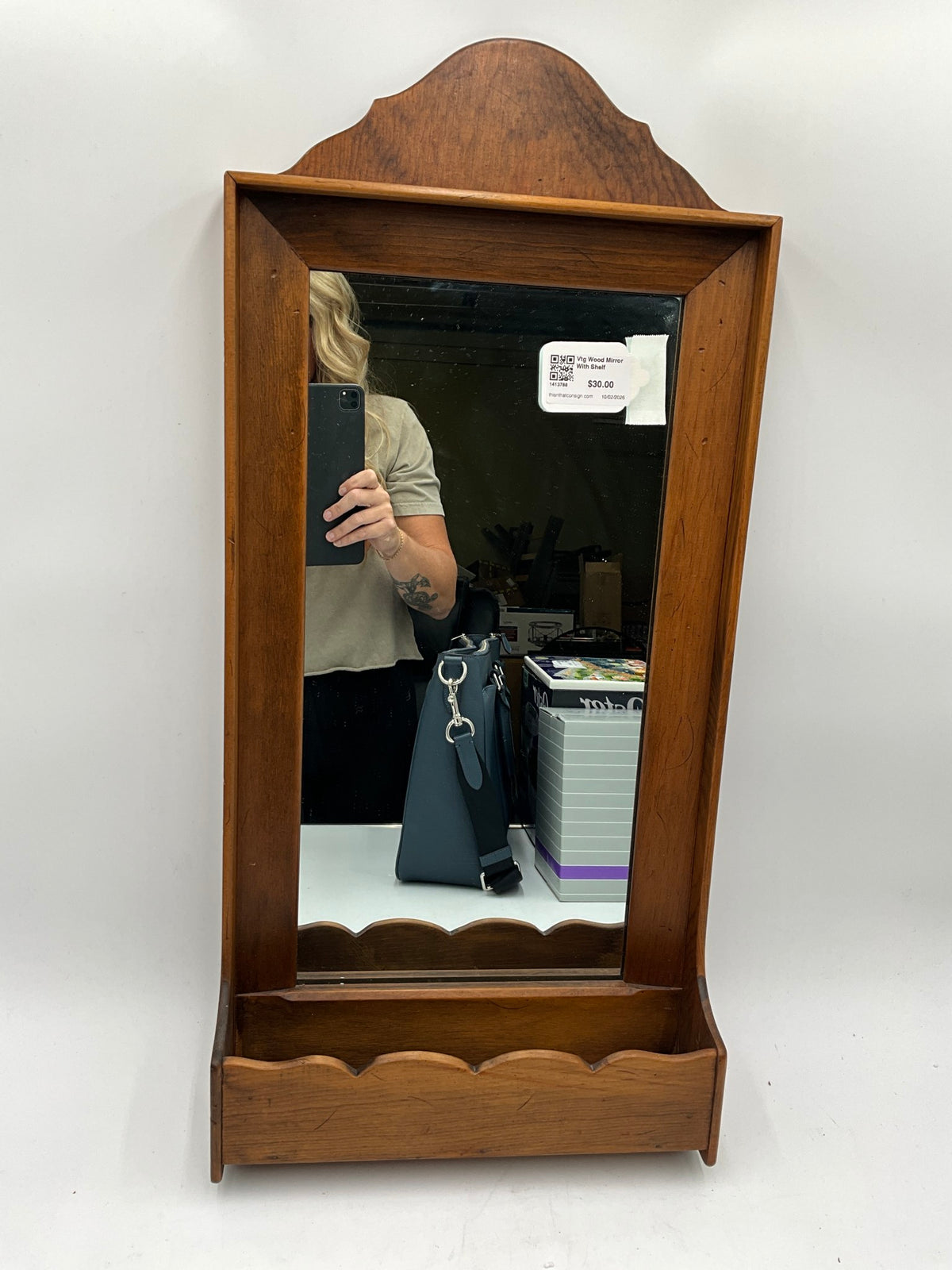 Vtg Wood Mirror With Shelf