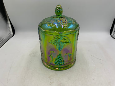 Green Carnival Glass Jar with Lid