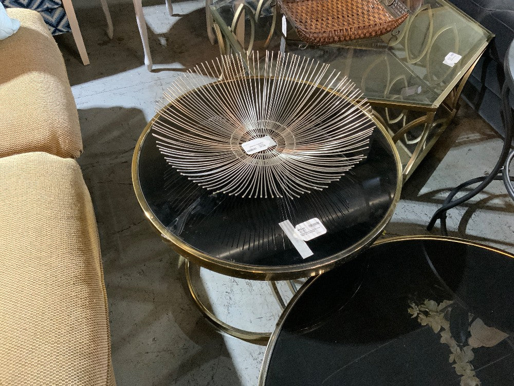 Round Black Glass Top Side Table w/ Gold Base