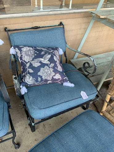 Black Wrought Iron Chair Blue Cushions w/ Arms