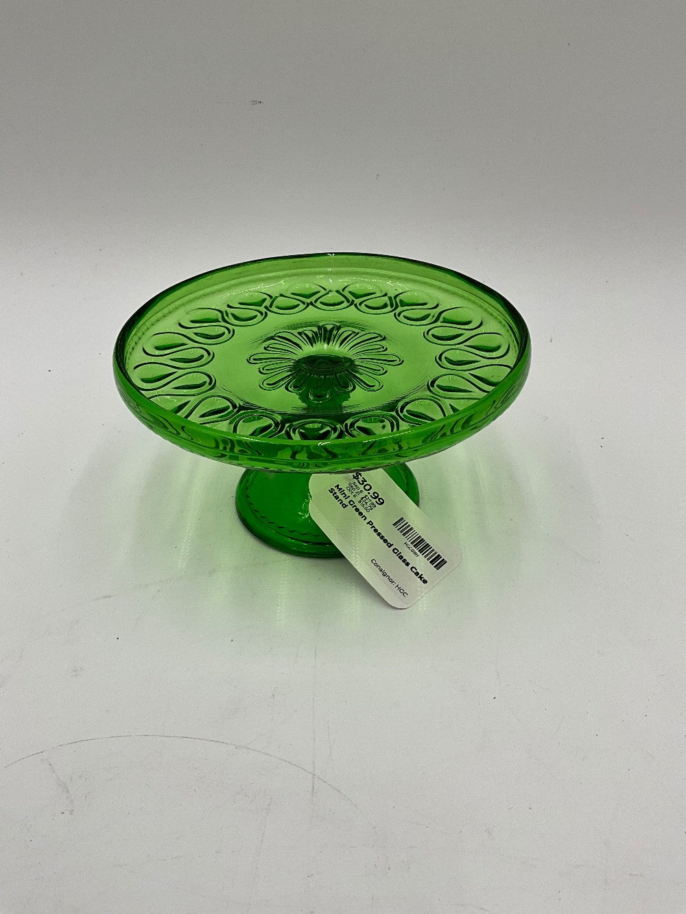 Mini Green Pressed Glass Cake Stand