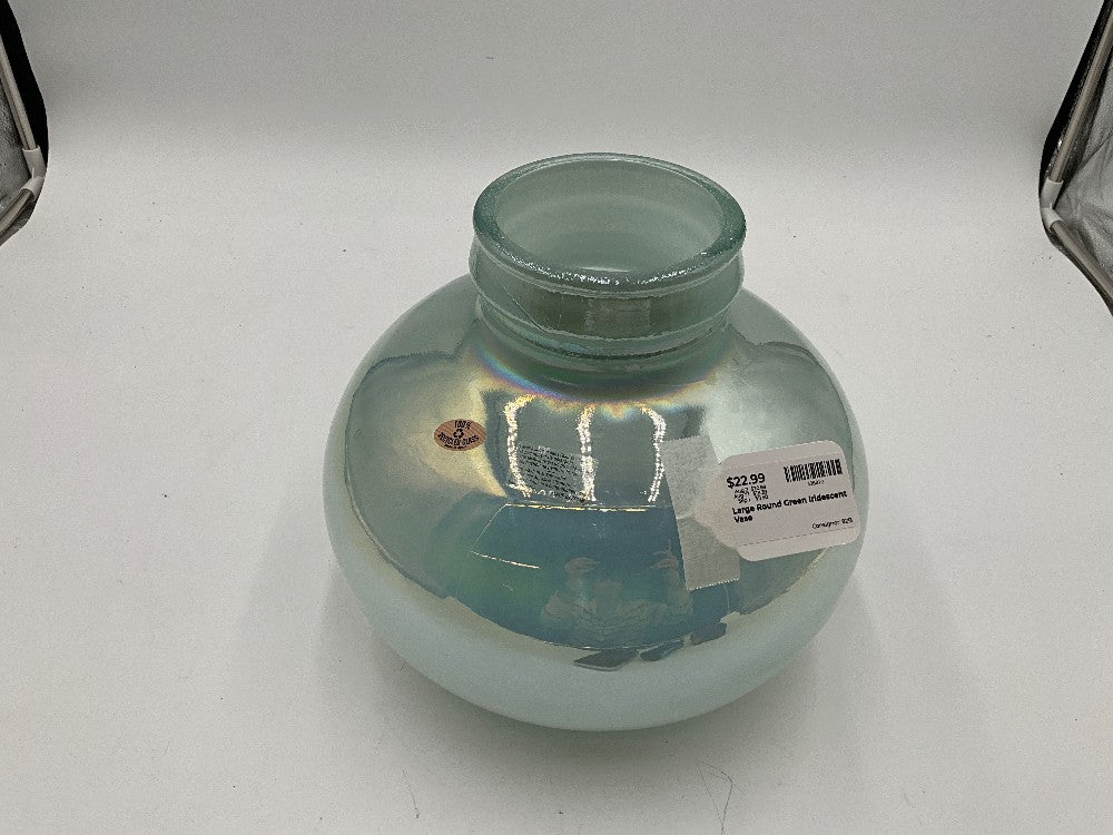 Large Round Green Iridescent Vase