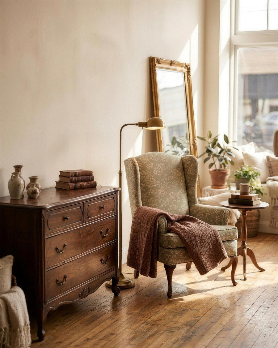 Consigned walnut dresser, wingback chair and gilt mirror in a warm room