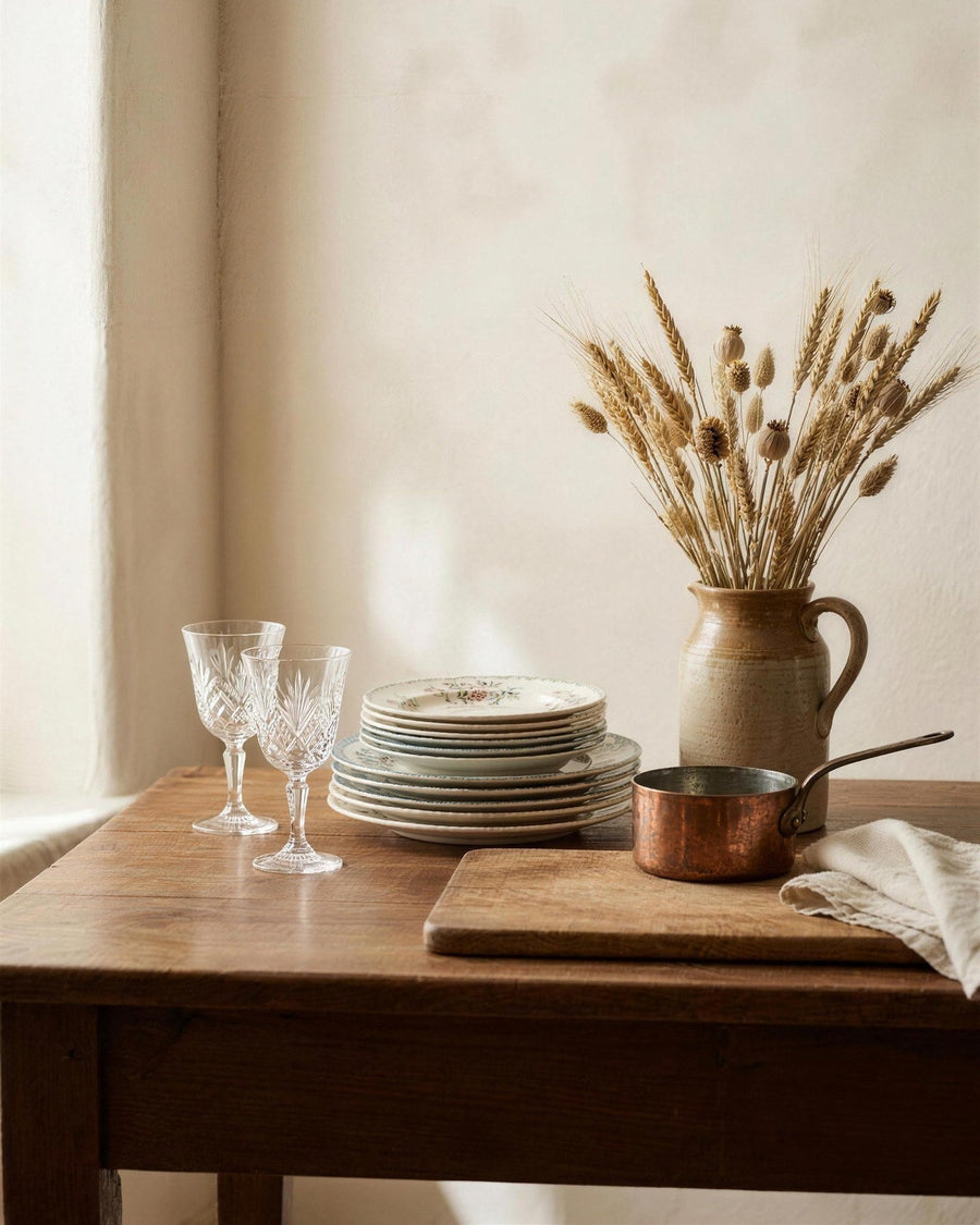 Vintage china, cut-glass stemware and a copper pan on a farmhouse dining table