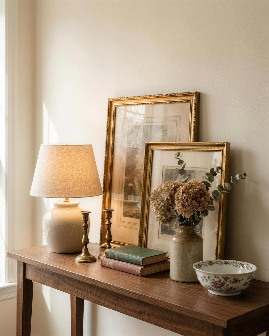 Vintage home decor on a walnut console: framed art, lamp, brass candlesticks and dried florals