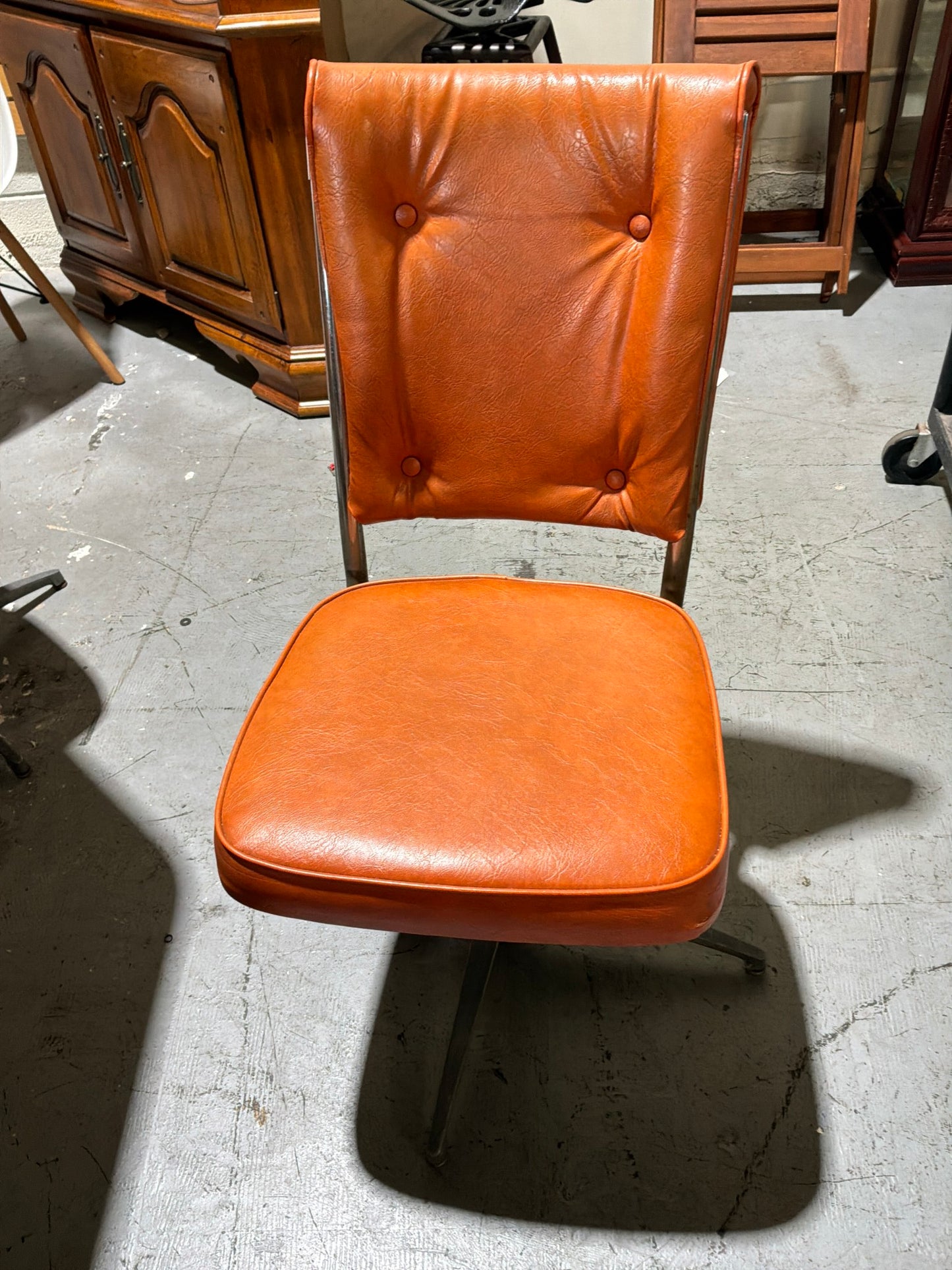 Vtg. Hexagon Wood Dining Table w/ 4 Orange Leather Chairs