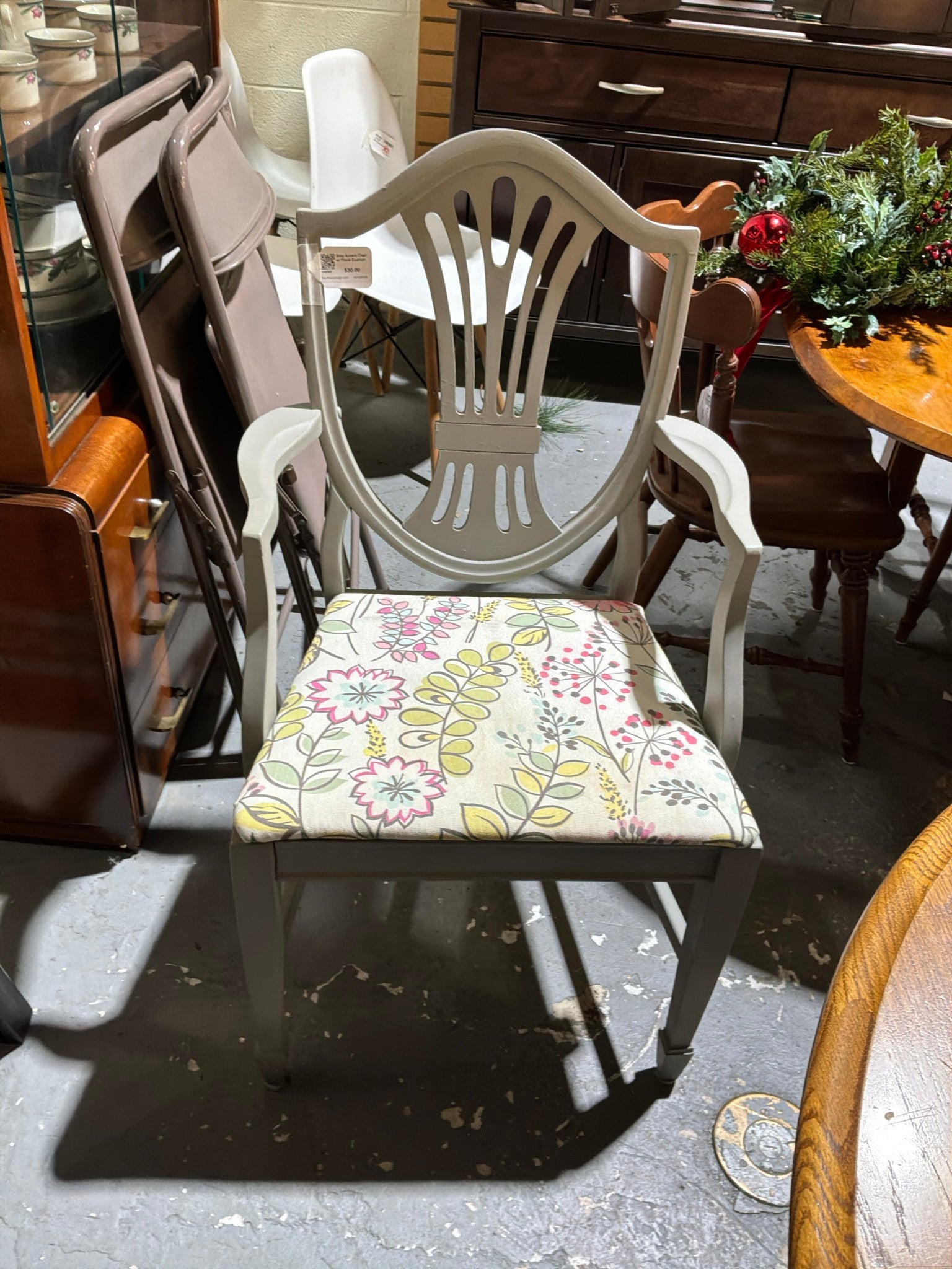 Grey Accent Chair w/ Floral Cushion