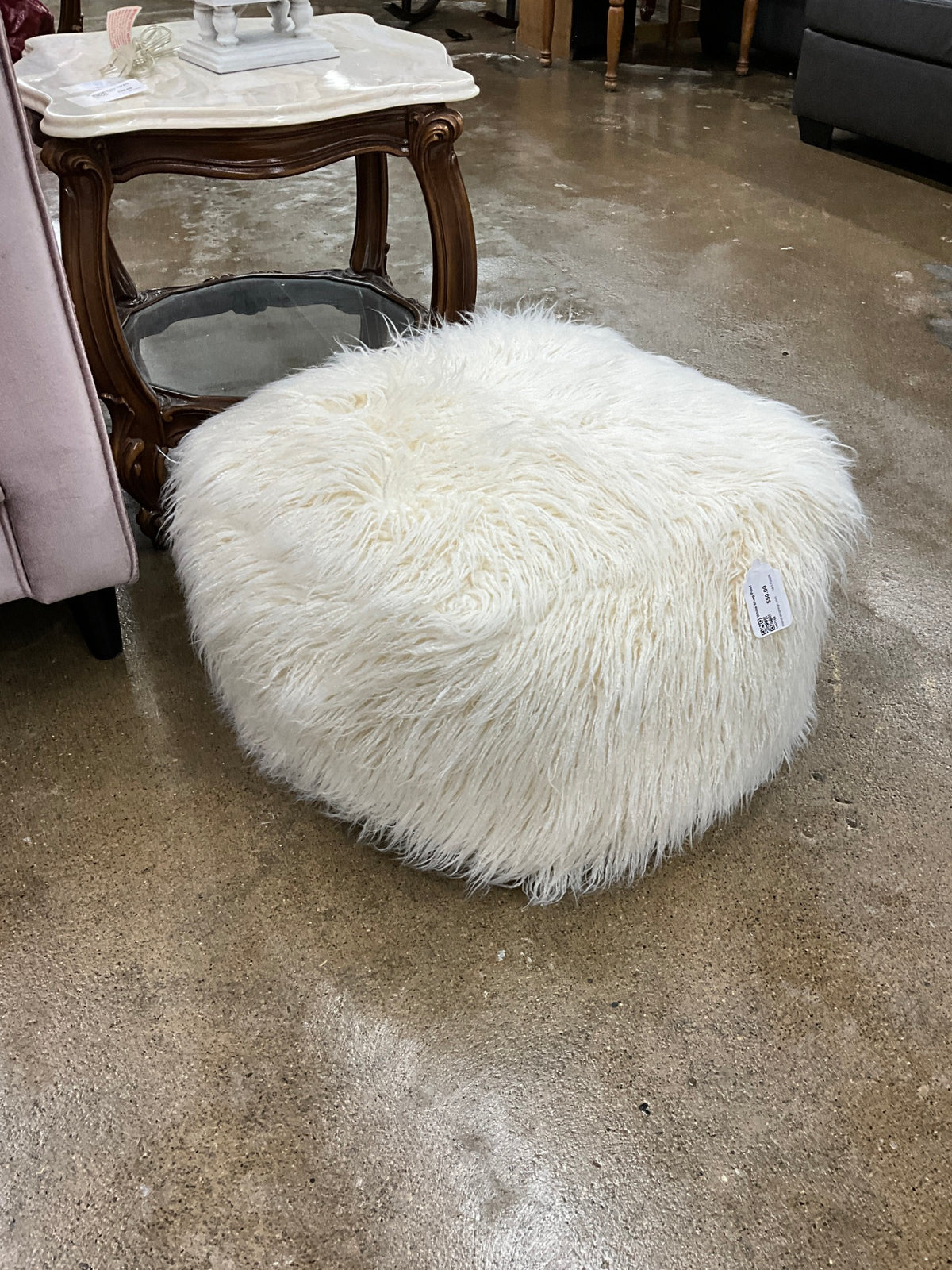 White Shag Poof