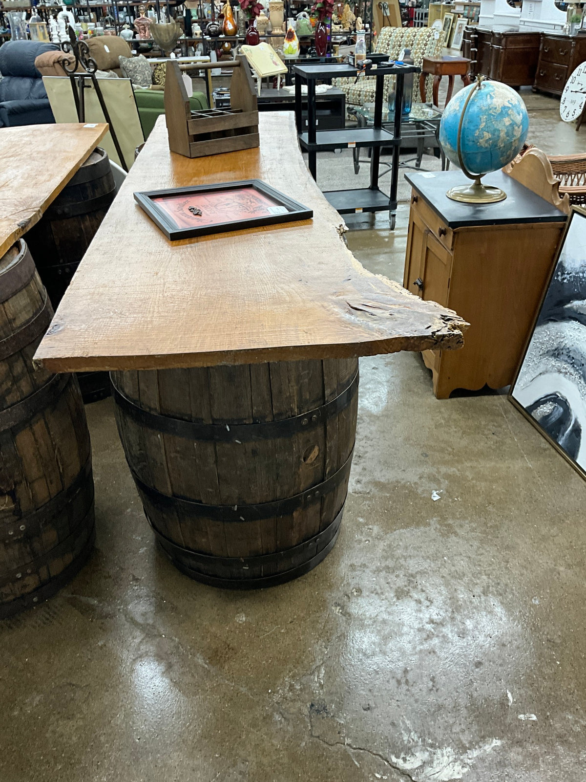 2 Whiskey Barrels w/ Live Edge Top
