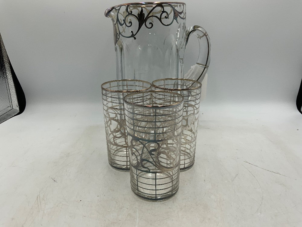 Silver Overlay Pitcher w/ 3 Glasses