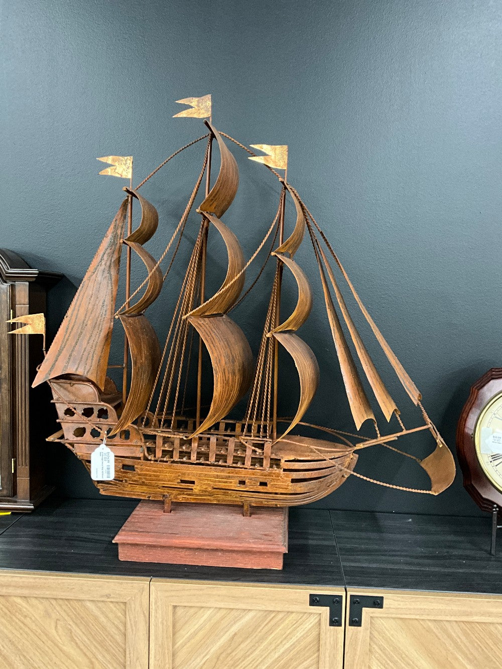 Xl Vintage Metal Ship W/Wood Base