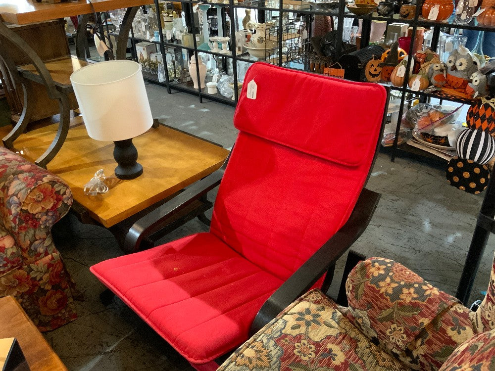 Ikea Dark Wood Chair w/ Red Cushions and Foot Stool