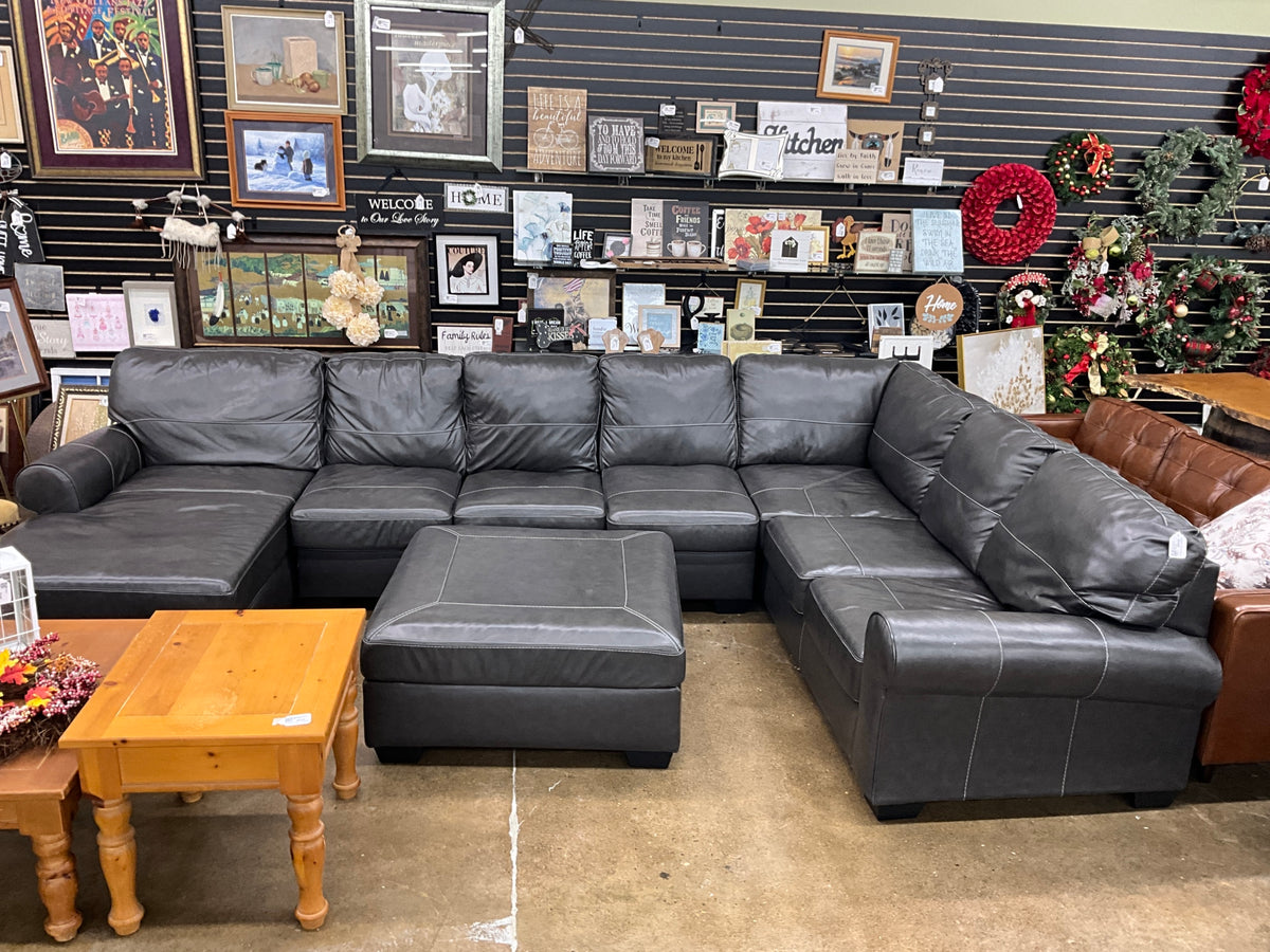 Grey Leather Sectional & Ottoman
