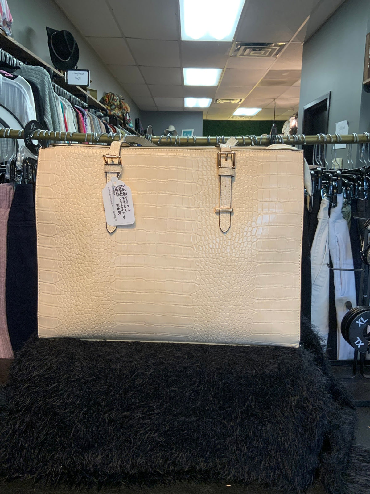Snake Print Handbag w/ Crossbody Strap Black