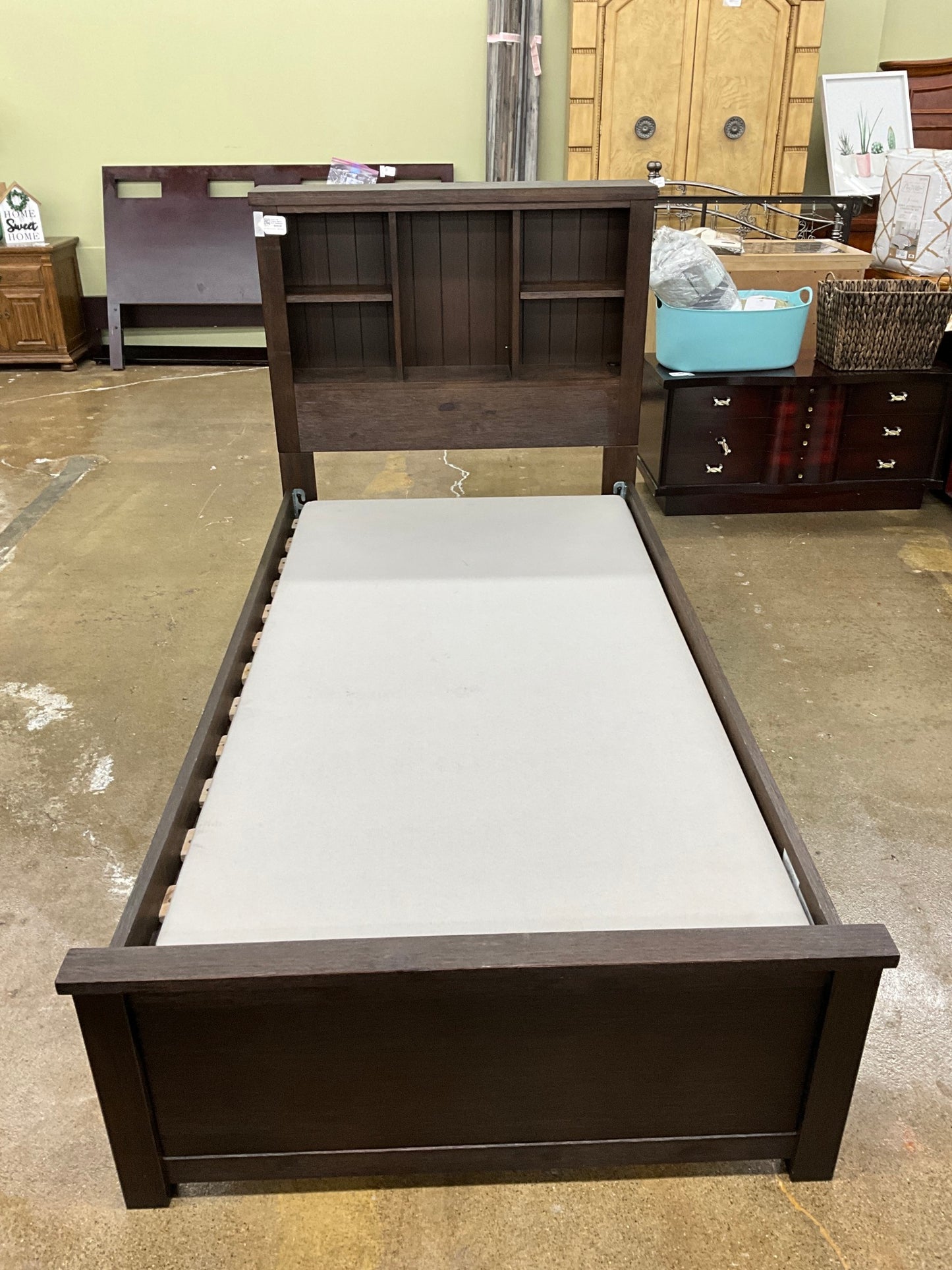Wood Twin Platform Bed w/ Shelf Headboard