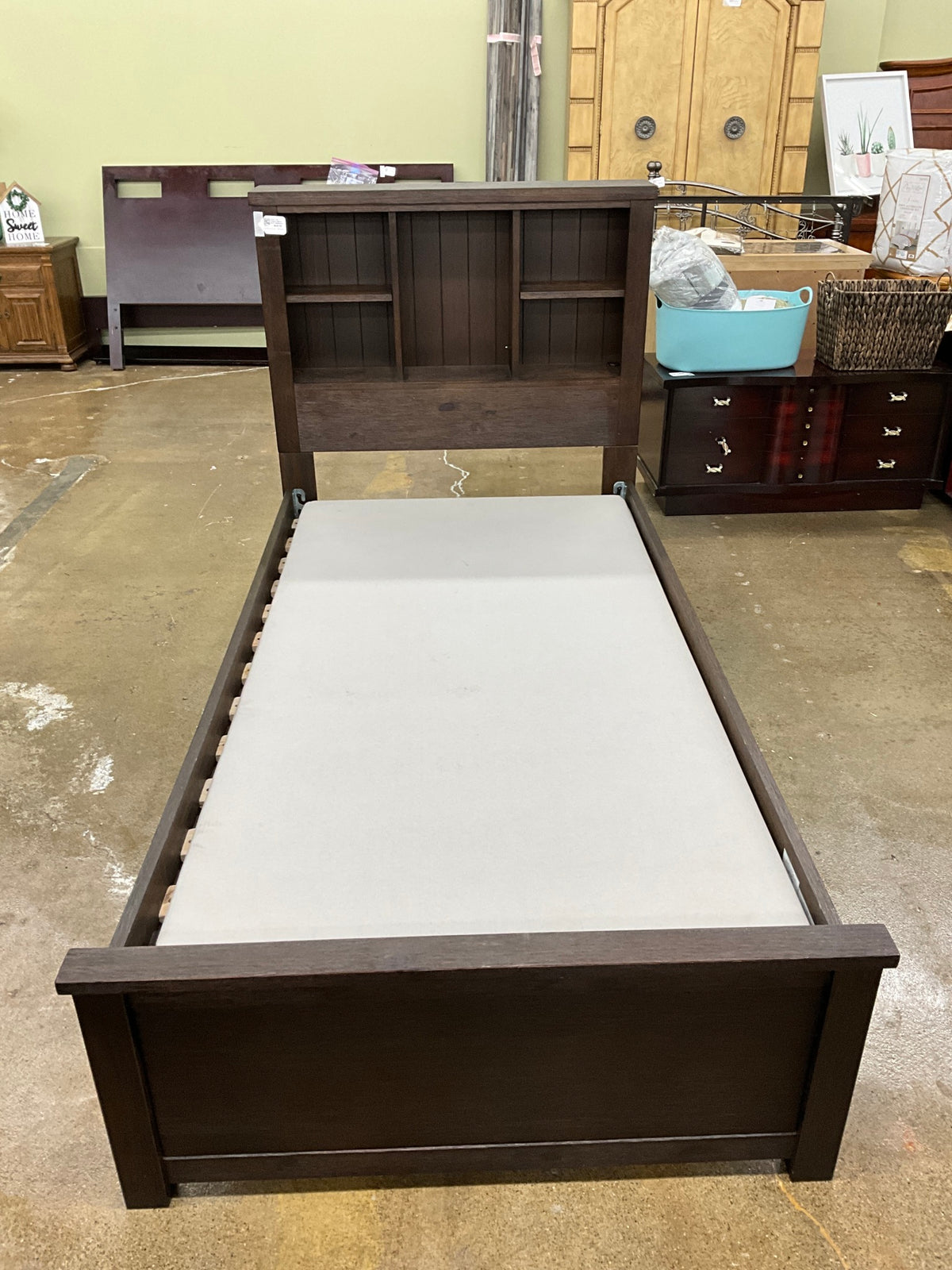 Wood Twin Platform Bed w/ Shelf Headboard