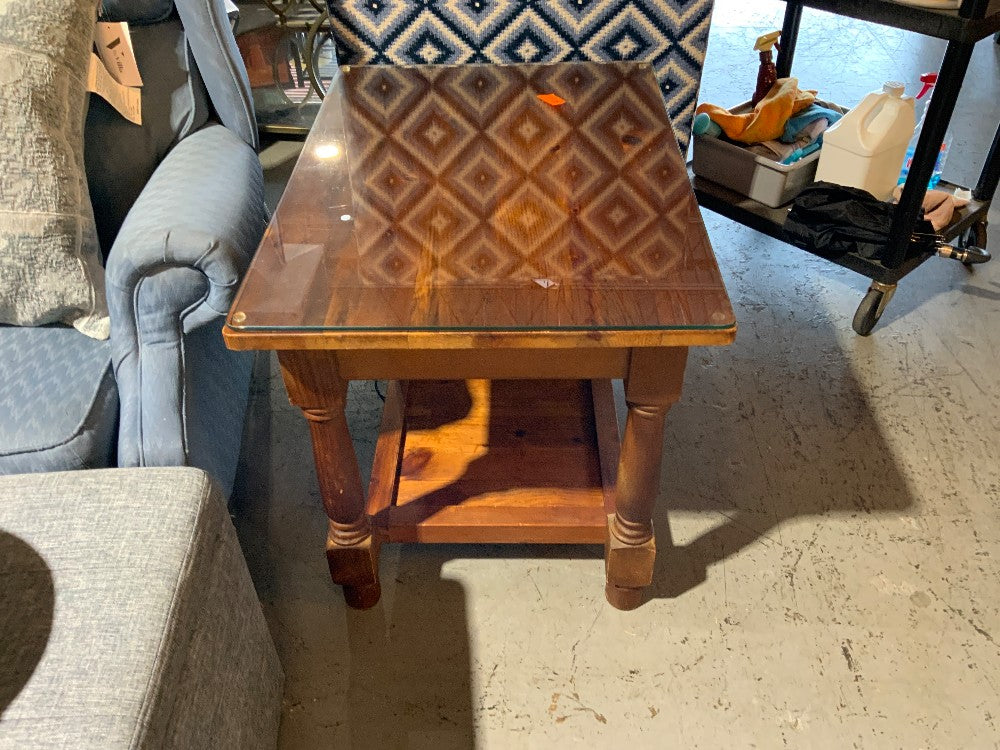 Wood Side Table with Glass Top