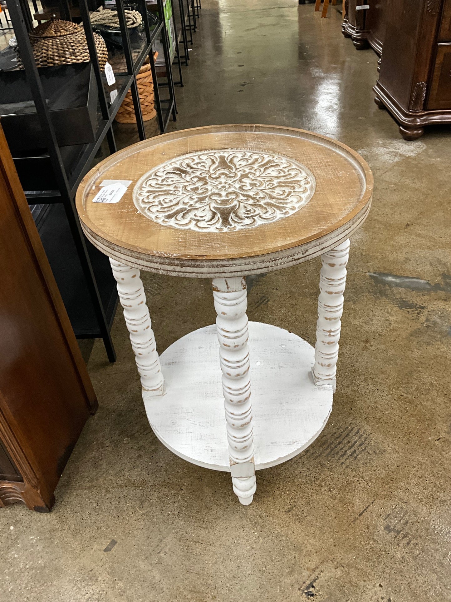Round Wood Carved Accent Table