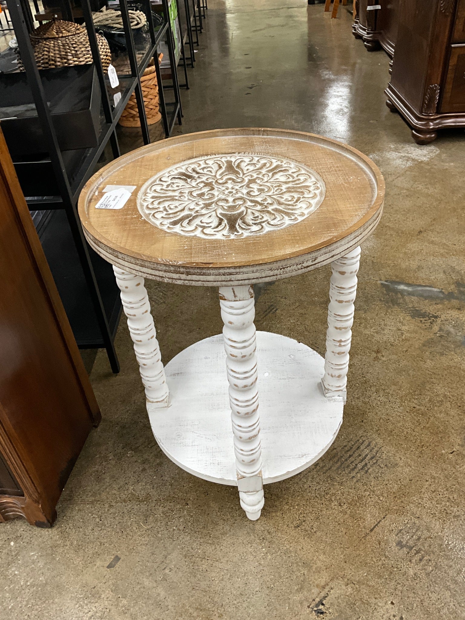 Round Wood Carved Accent Table