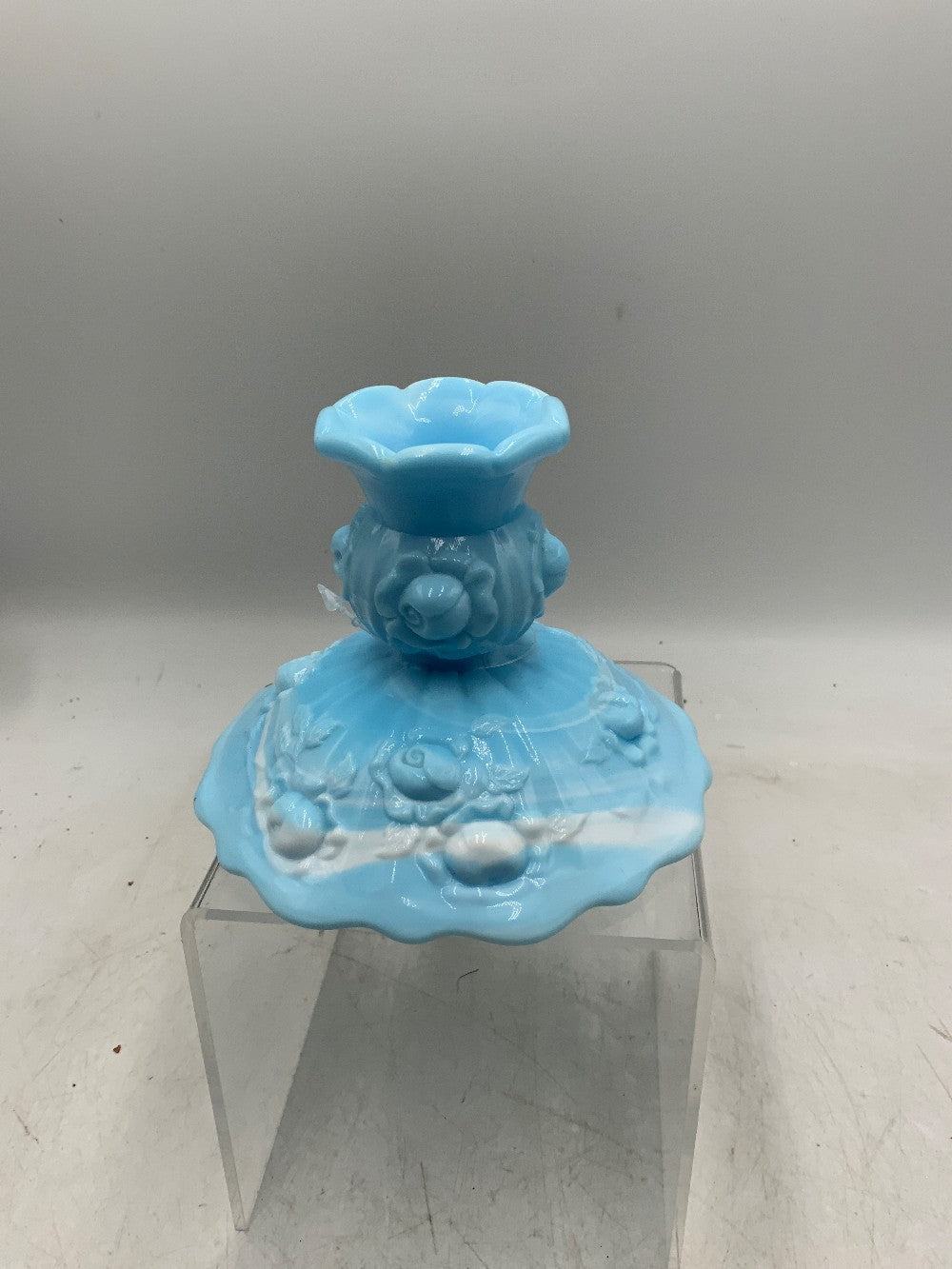 Fenton Cabbage Rose Marble Blue Candle Holder