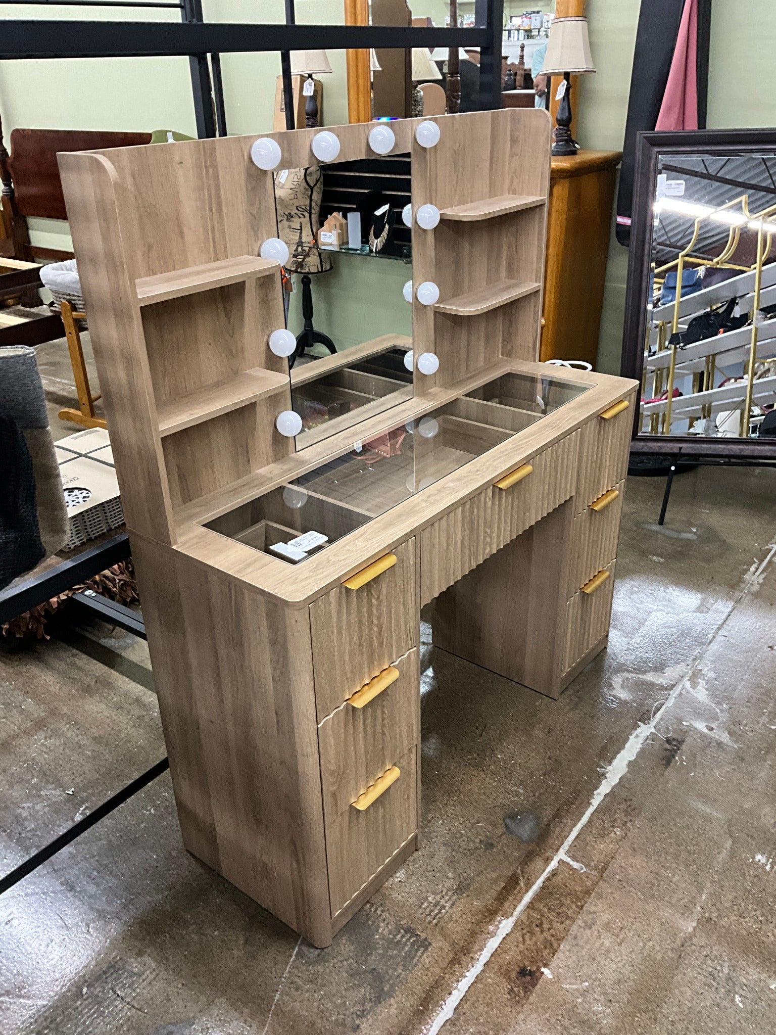 Light Wood Vanity w/ Mirror & Lights