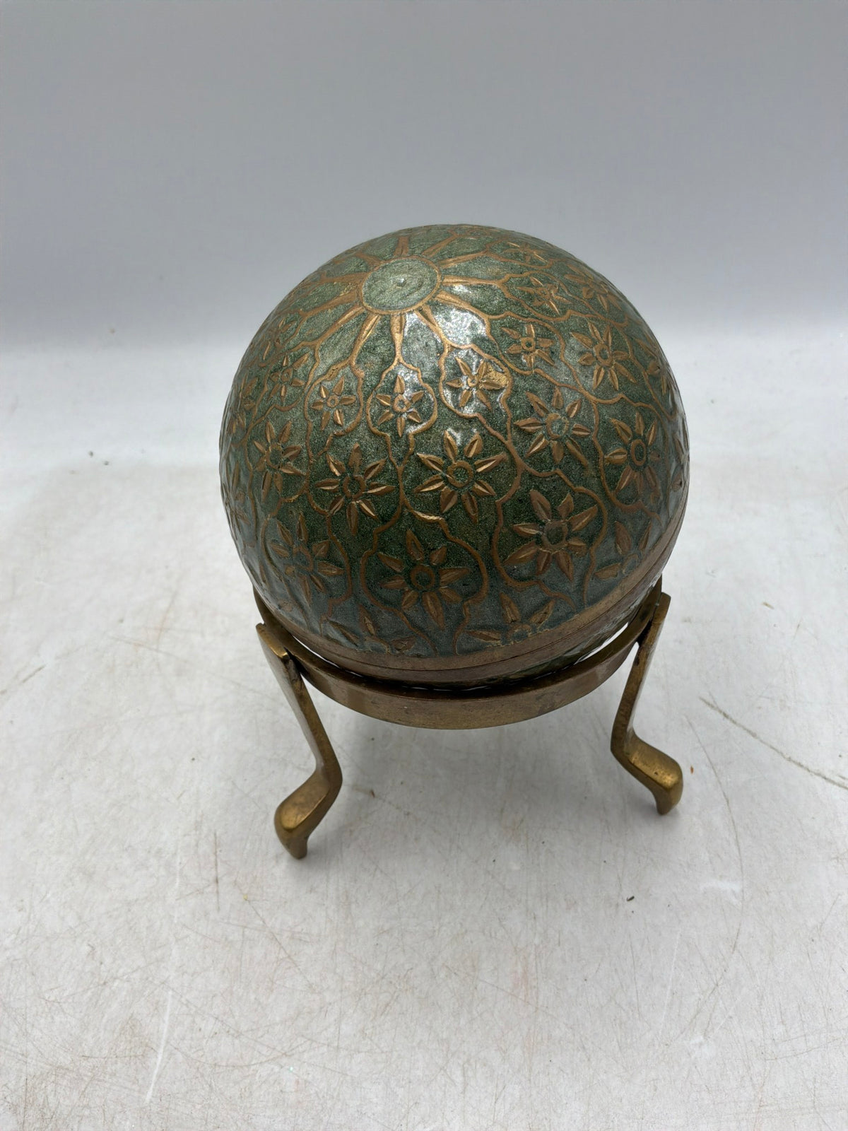 Vtg Brass Green Cloisonne Egg Trinket Box
