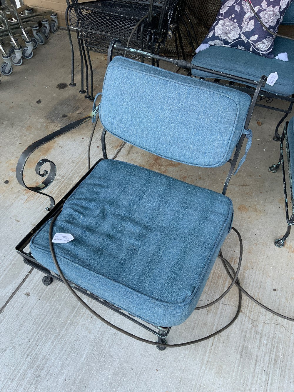 Black Wrought Iron Chair Blue Cushions Armless