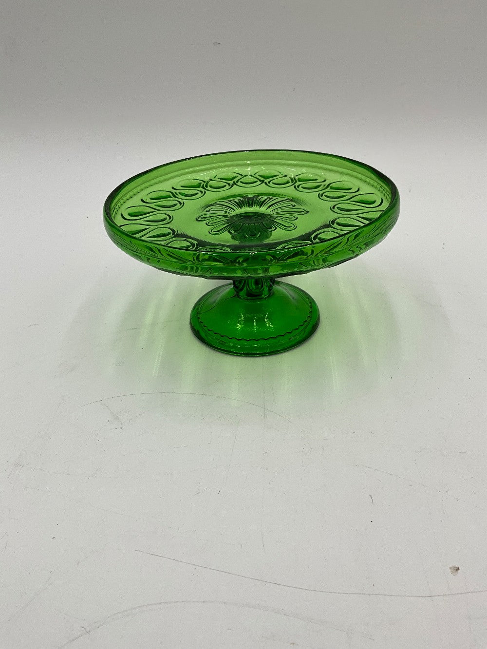 Mini Green Pressed Glass Cake Stand