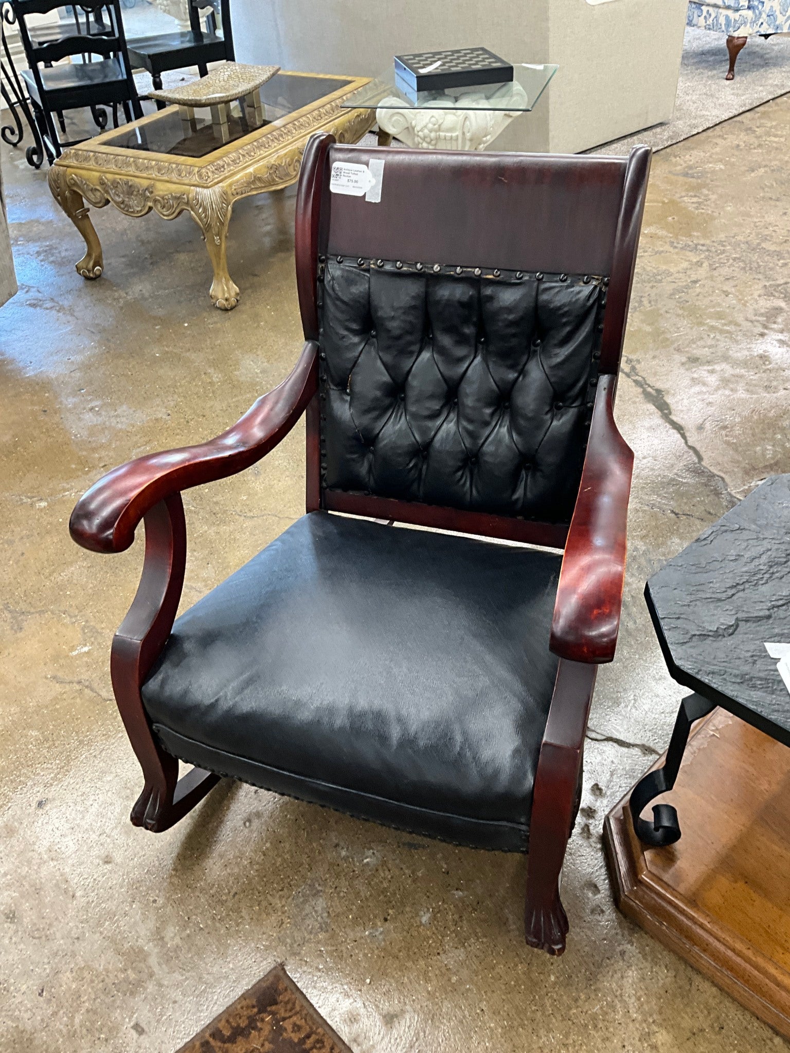 Antique Leather & Wood Tufted Rocker