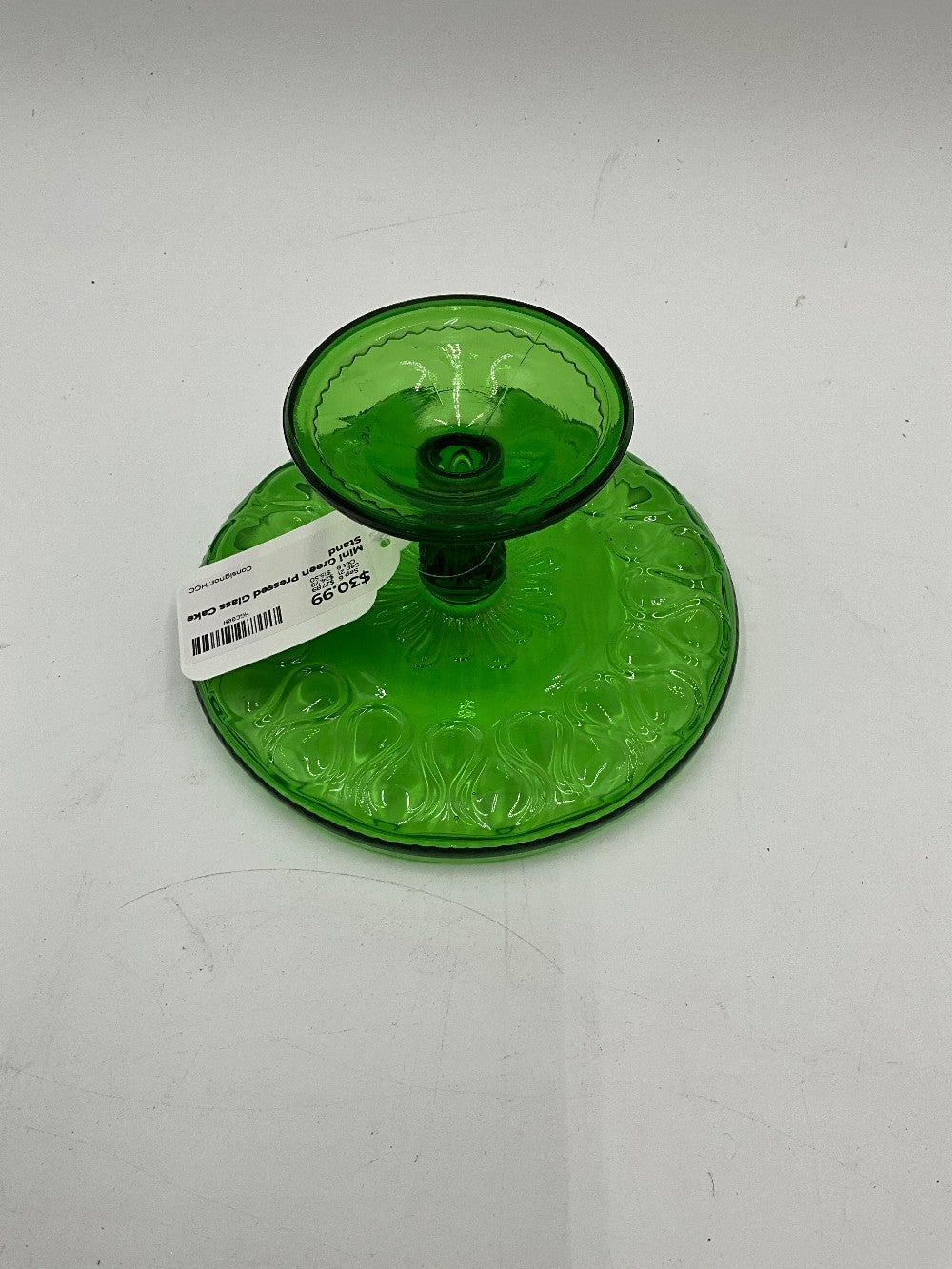 Mini Green Pressed Glass Cake Stand