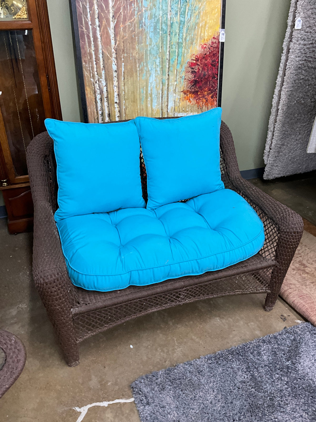 Wicker Sofa w/ Blue Cushion & 2 Pillows