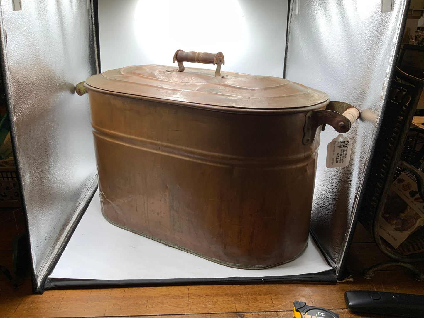 Lg Vintage Copper Bin with Handles and Lid