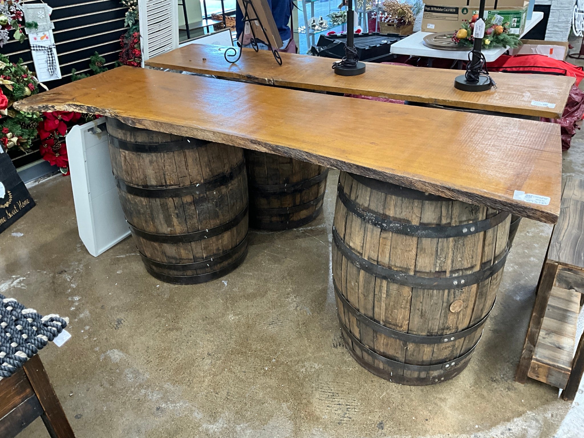 2 Whiskey Barrels w/ Live Edge Top