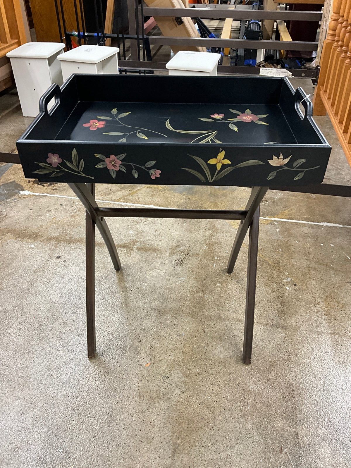 Black Floral Tray On Stand