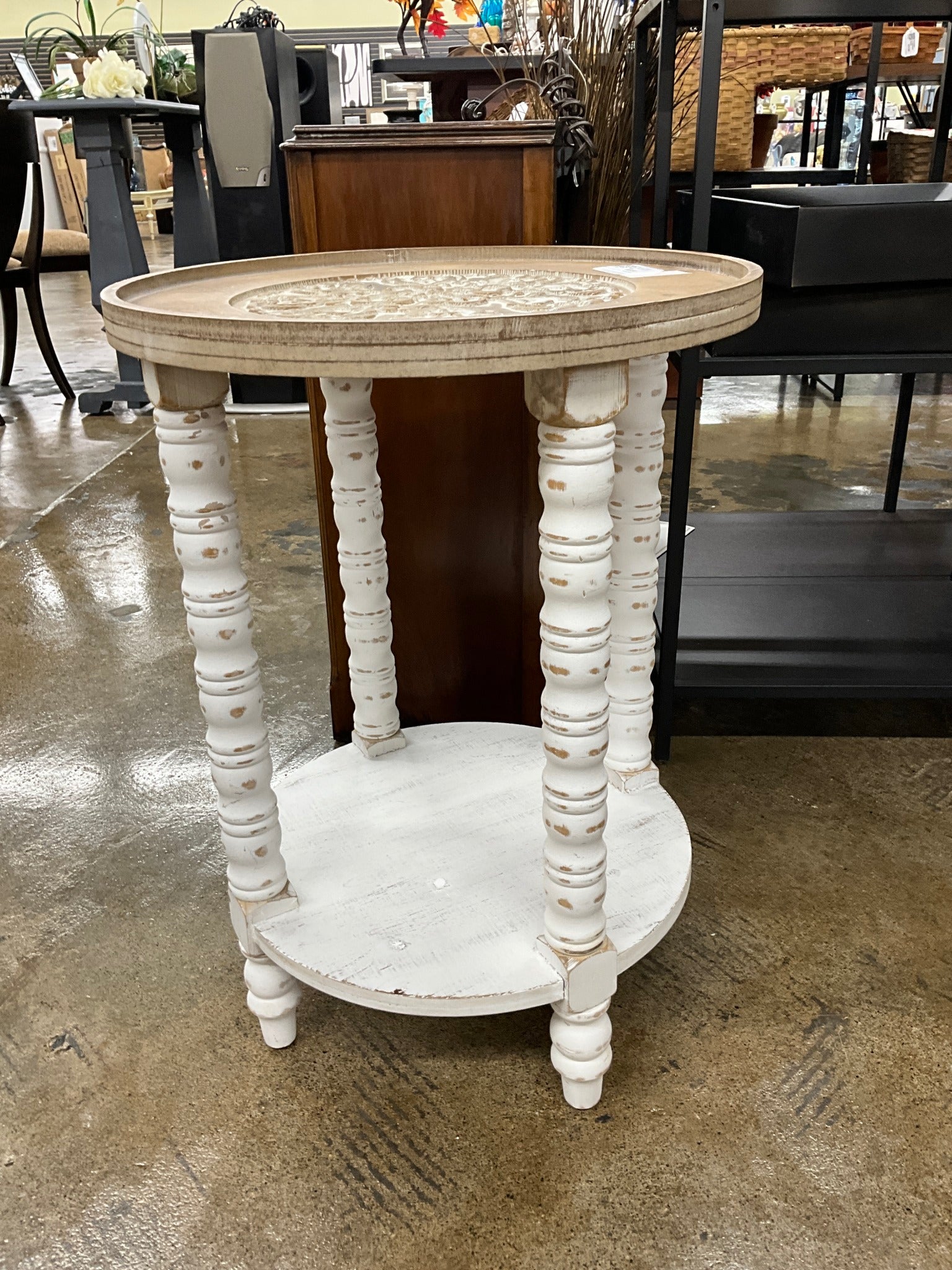 Round Wood Carved Accent Table