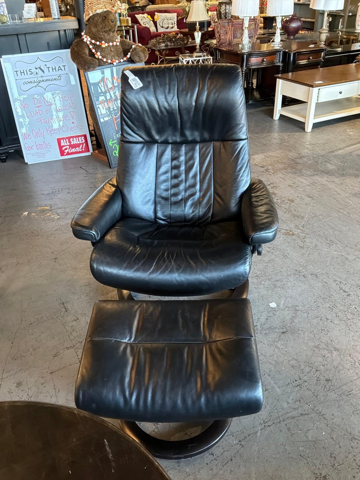 Ekornes Black Leather Chair/ Ottoman