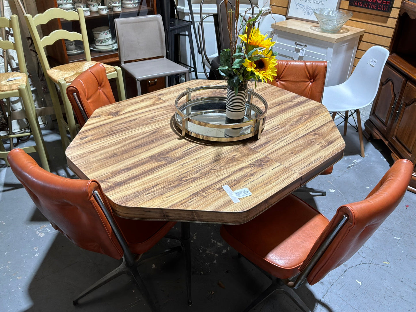 Vtg. Hexagon Wood Dining Table w/ 4 Orange Leather Chairs