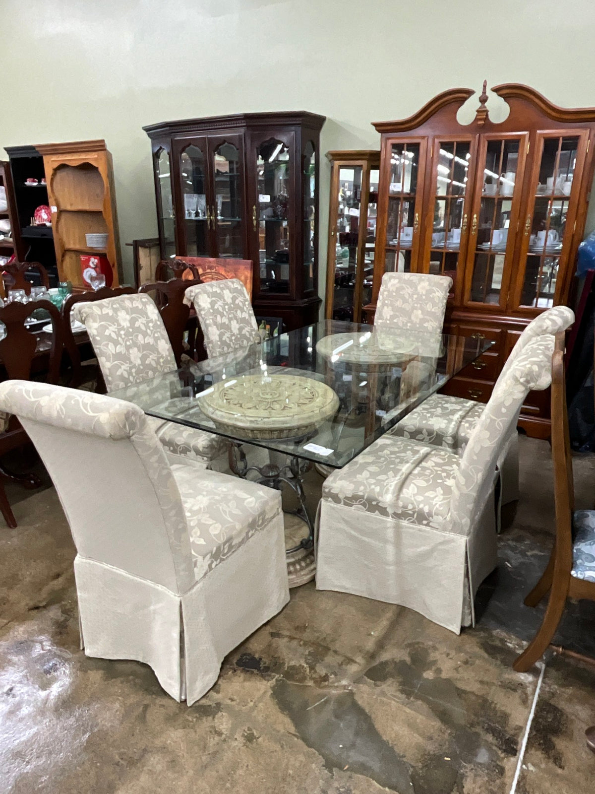 Glass Top Table w/ 2 Bases & 6 Chairs