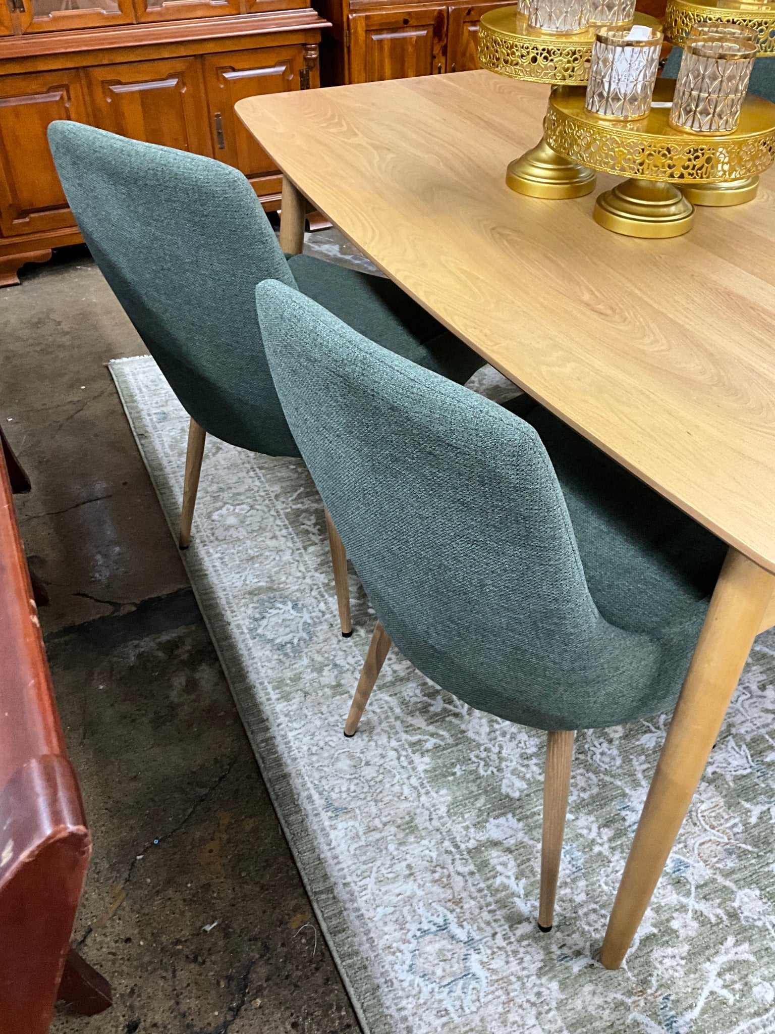 Light Wood Table w/ 4 Green Upholstered Chairs